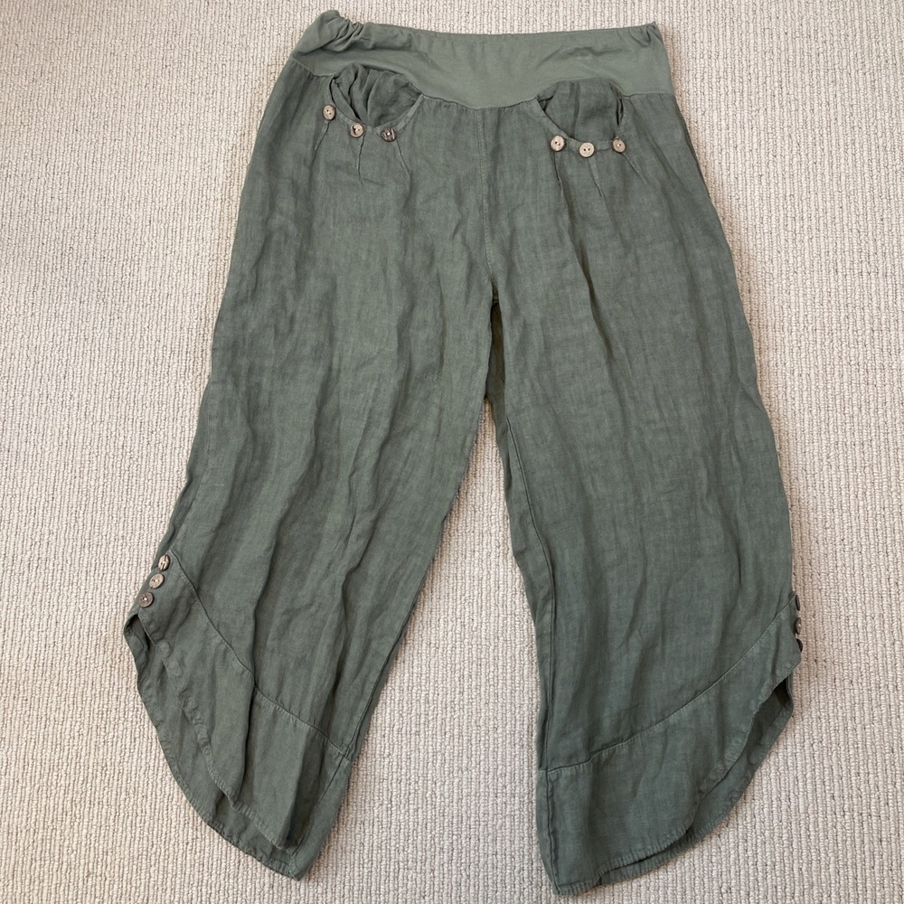 Made in Italy 100% Linen Crop Pants OS Sage Green Wide Leg Lagenlook